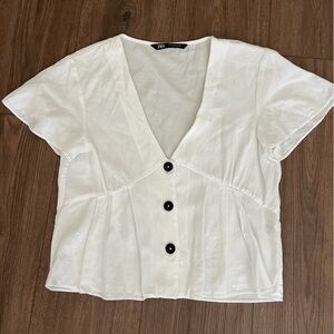 Zara White Short Crop Button Front Short Sleeve V-Neck Top Small S